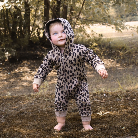 Leopard Print Hoodie Style Zip Up Romper - Picture 1 of 8